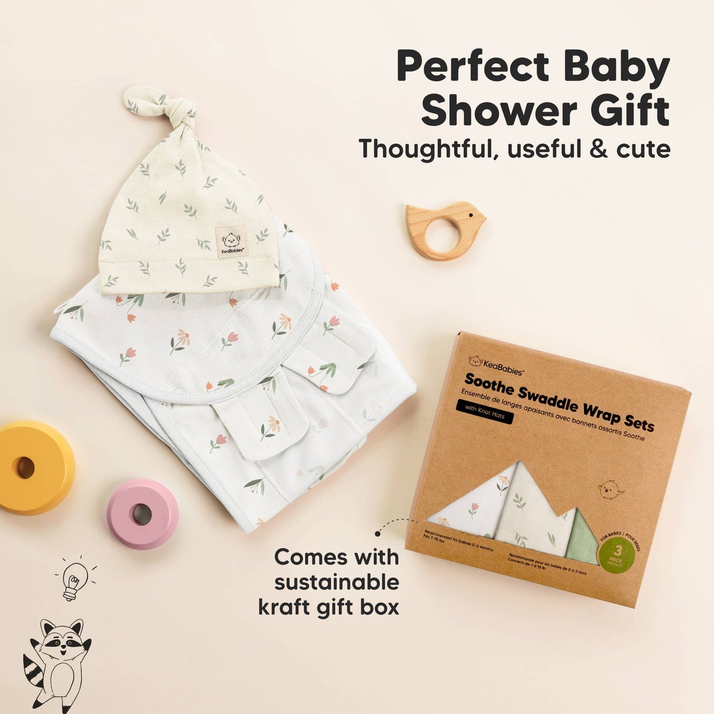 3-Pack Soothe Baby Swaddles 0-3 Months with Knot Hat: Fleur