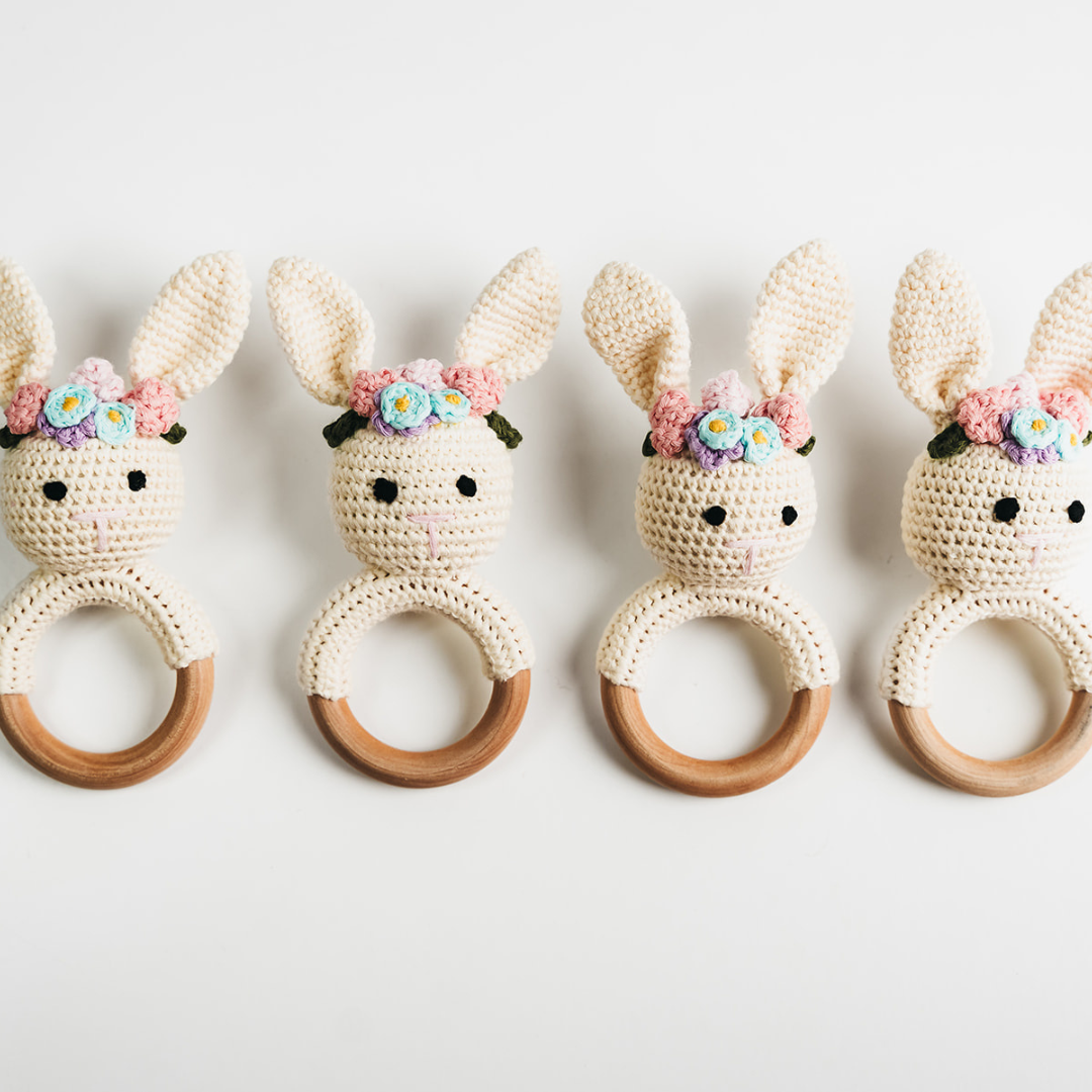 Cream Bunny Rattle with Floral Crown Handmade
