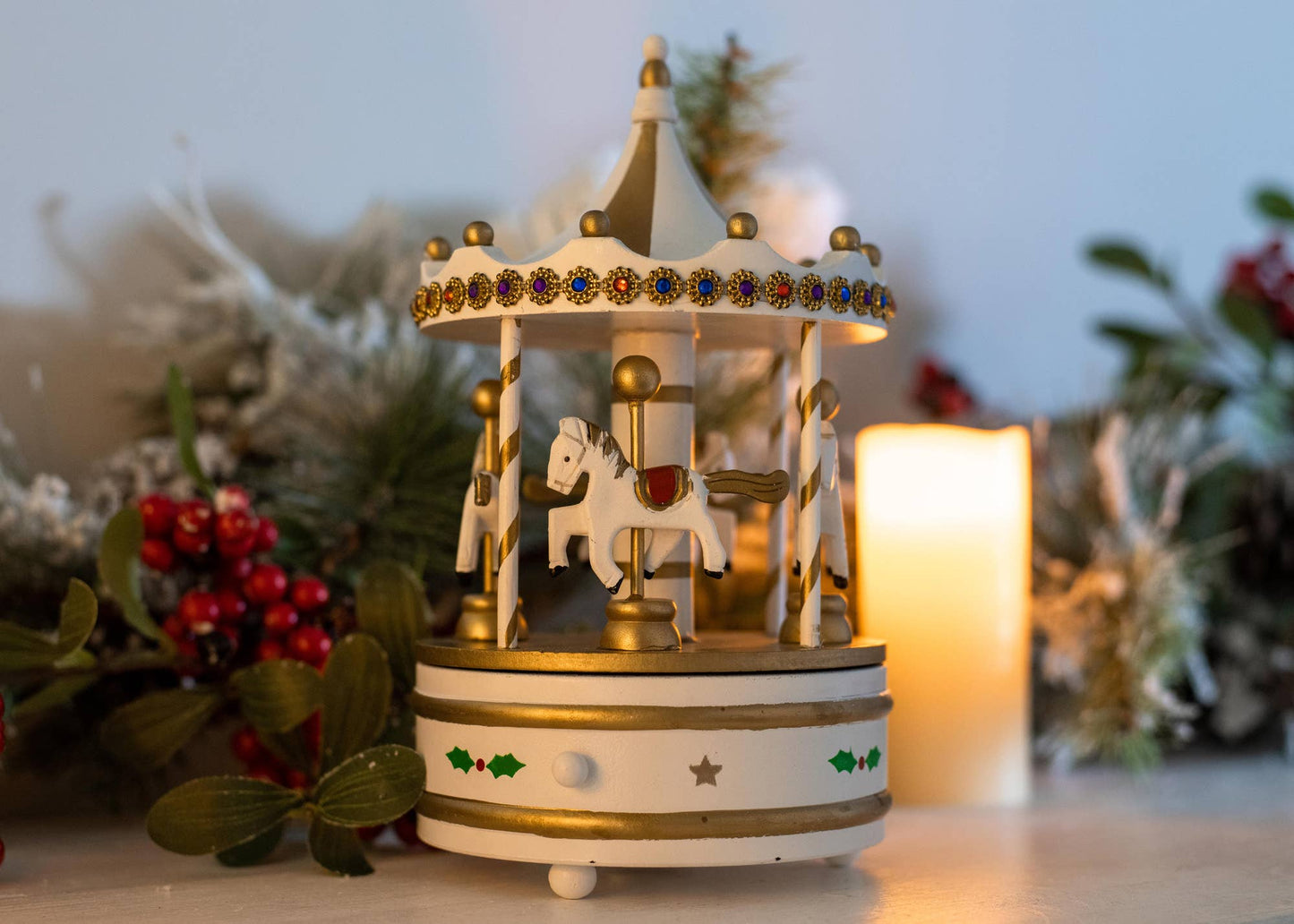 Rotating Carousel White 9-in Wood Musical Christmas Figurine
