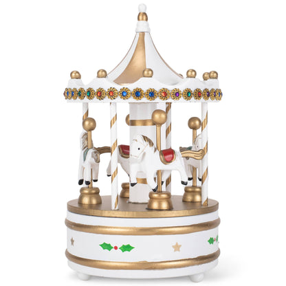 Rotating Carousel White 9-in Wood Musical Christmas Figurine