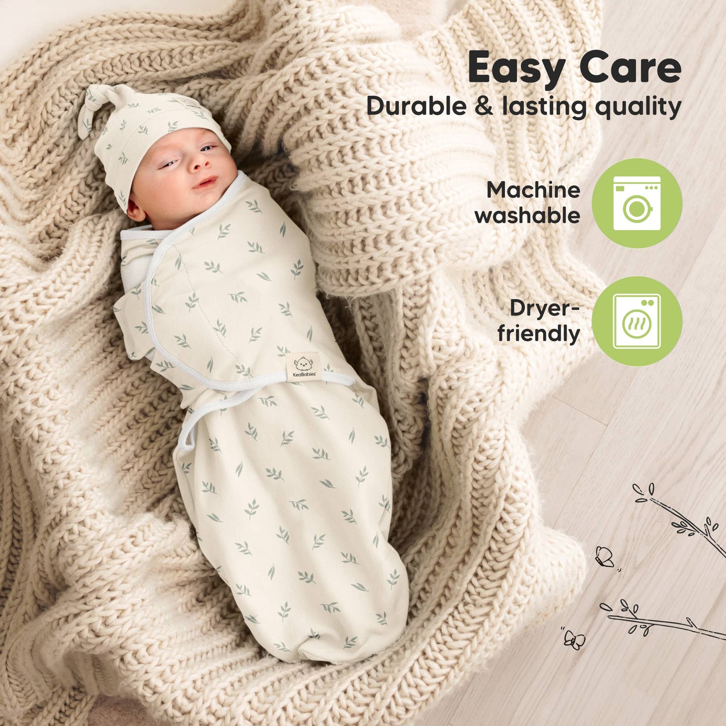 3-Pack Soothe Baby Swaddles 0-3 Months with Knot Hat: Fleur