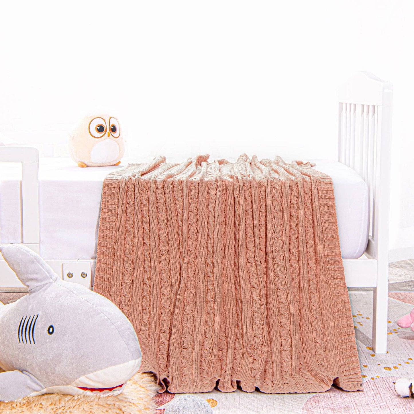 Cotton Cable Knitted Toddler Blanket: Baby Pink / 30 x 40 inches