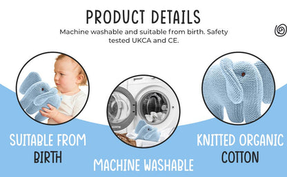 Knitted Organic Cotton Blue Elephant Baby Rattle