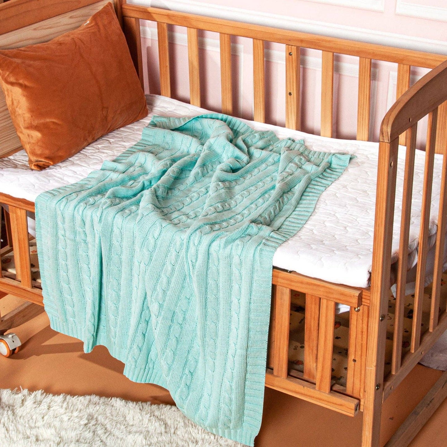Cotton Cable Knitted Toddler Blanket: Baby Blue / 30 x 40 inches