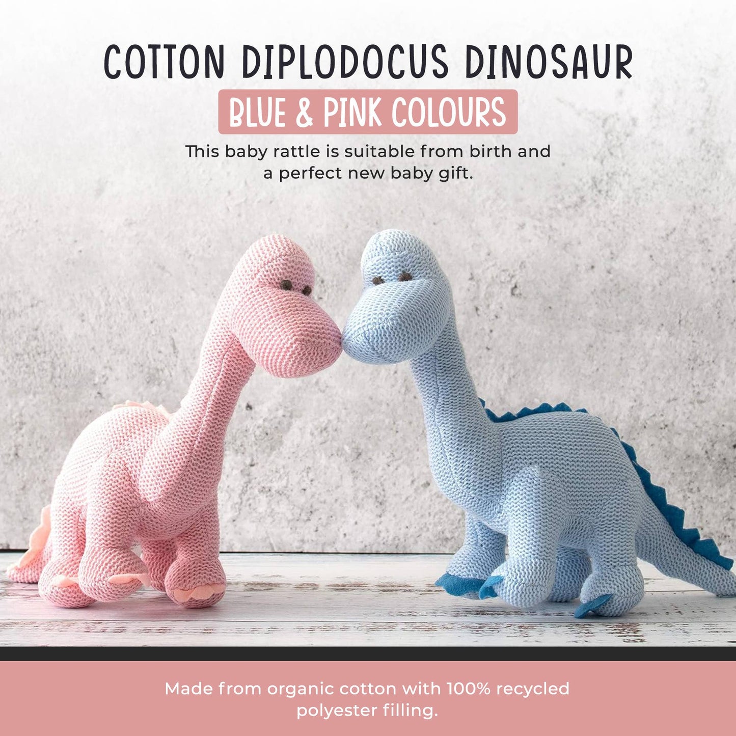 Knitted Organic Cotton Blue Diplodocus Dinosaur Baby Rattle