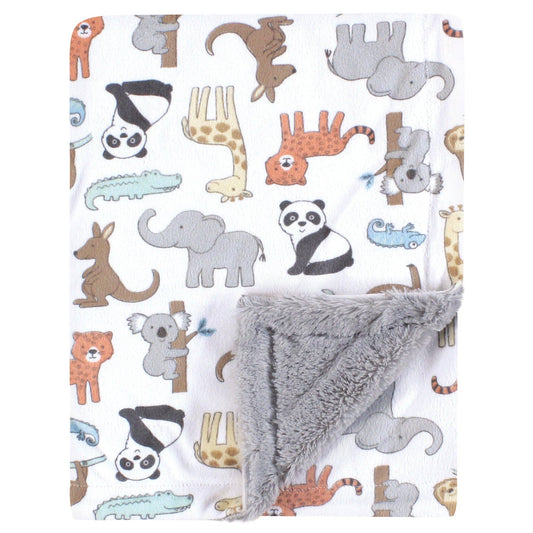 Hudson Baby Plush Zoo Animals Blanket with Furry Binding