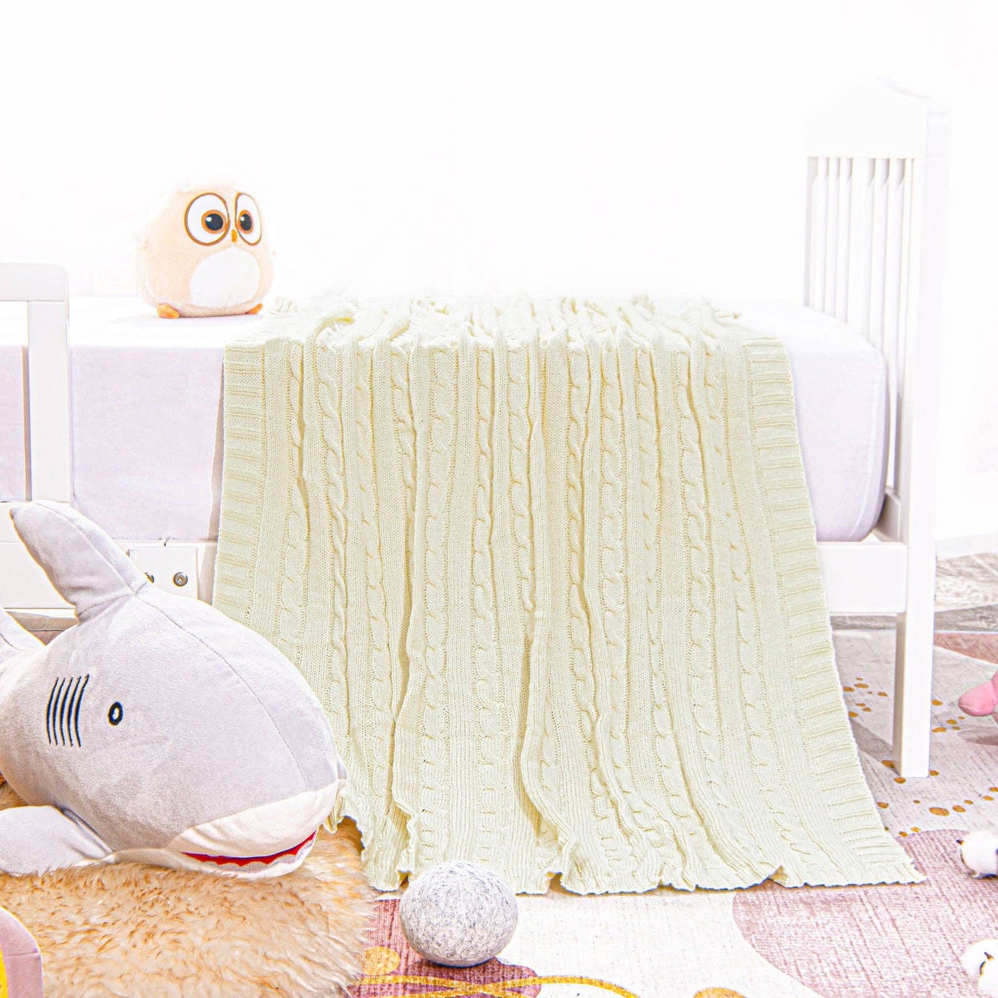 Cotton Cable Knitted Toddler Blanket: Baby Blue / 30 x 40 inches