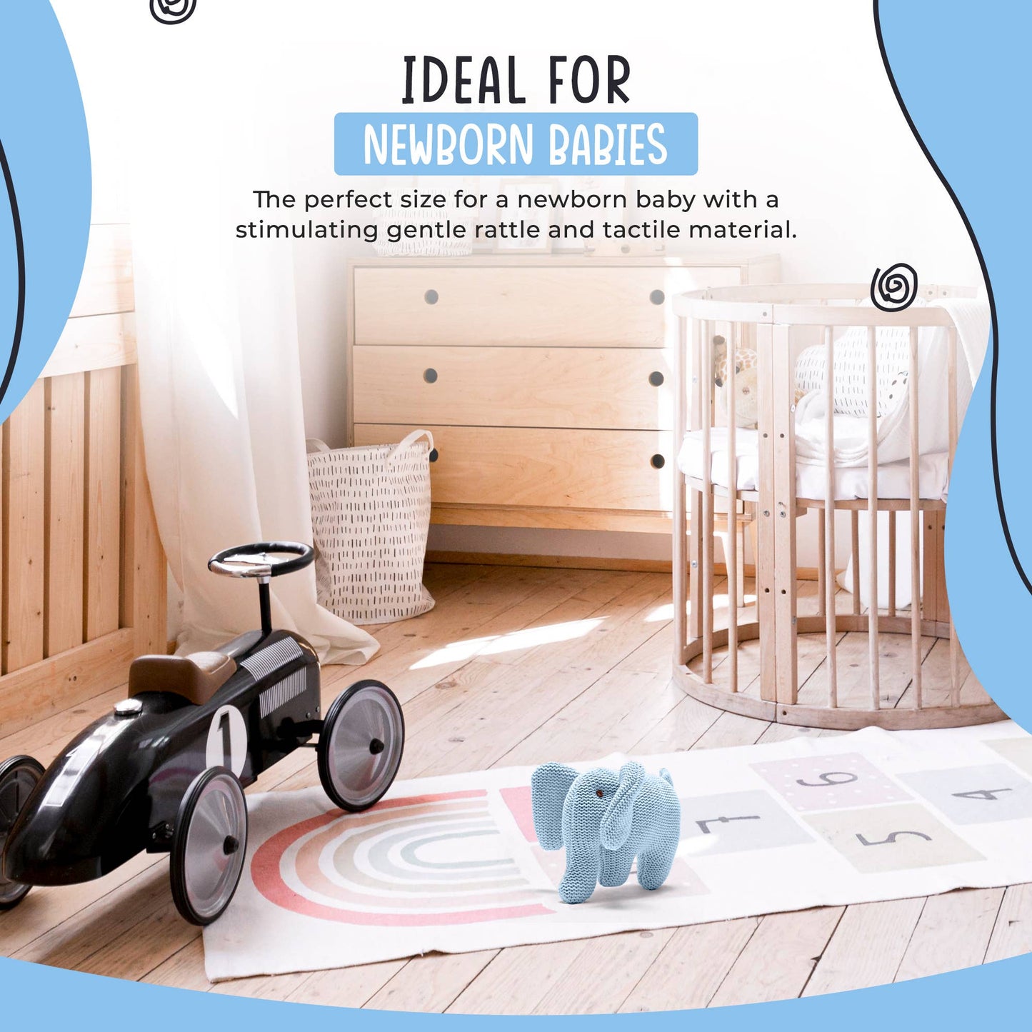 Knitted Organic Cotton Blue Elephant Baby Rattle