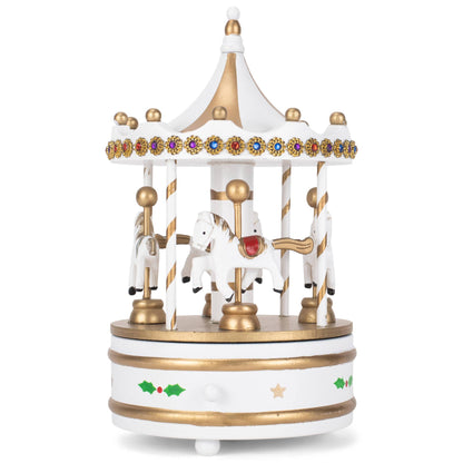 Rotating Carousel White 9-in Wood Musical Christmas Figurine