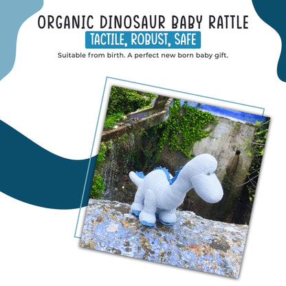 Knitted Organic Cotton Blue Diplodocus Dinosaur Baby Rattle