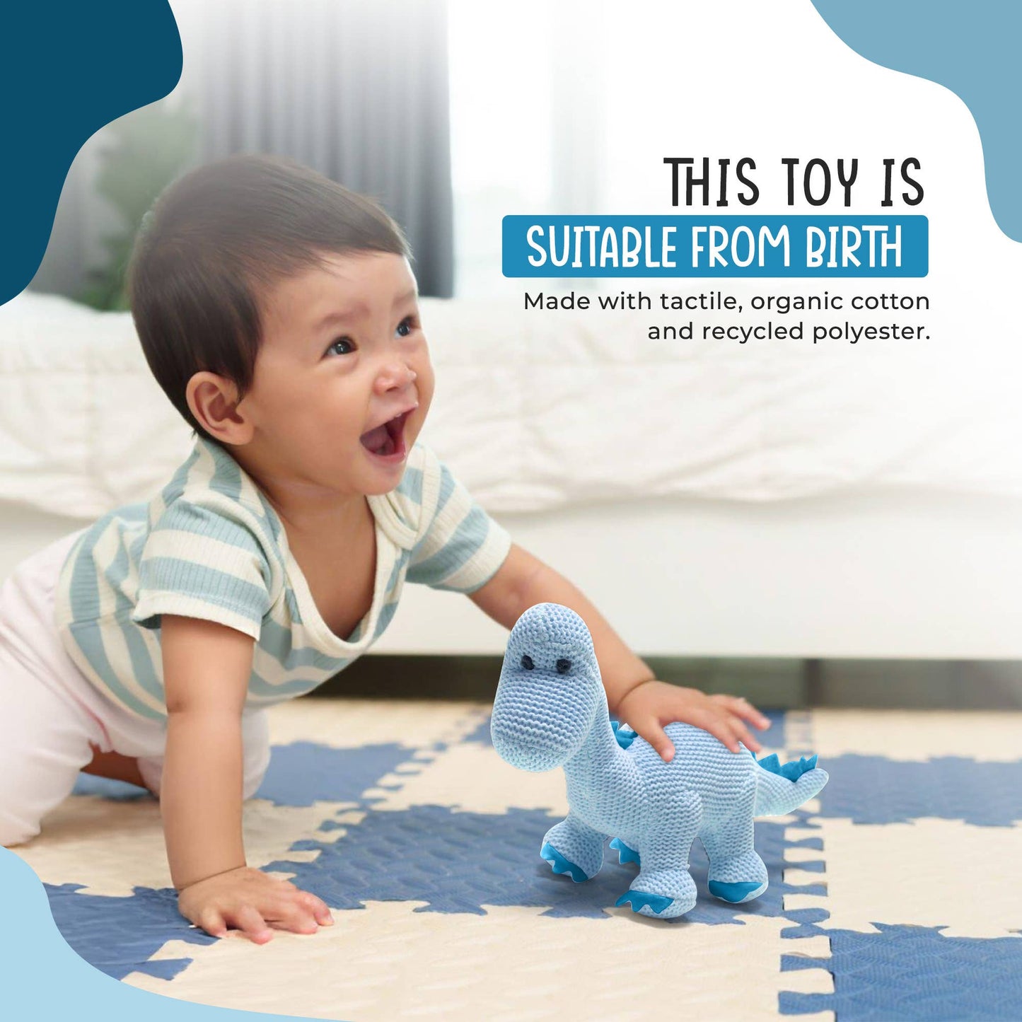 Knitted Organic Cotton Blue Diplodocus Dinosaur Baby Rattle