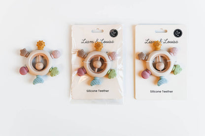 Rainbow Spokes Silicone Teether with Wooden Rattle Baby Gift