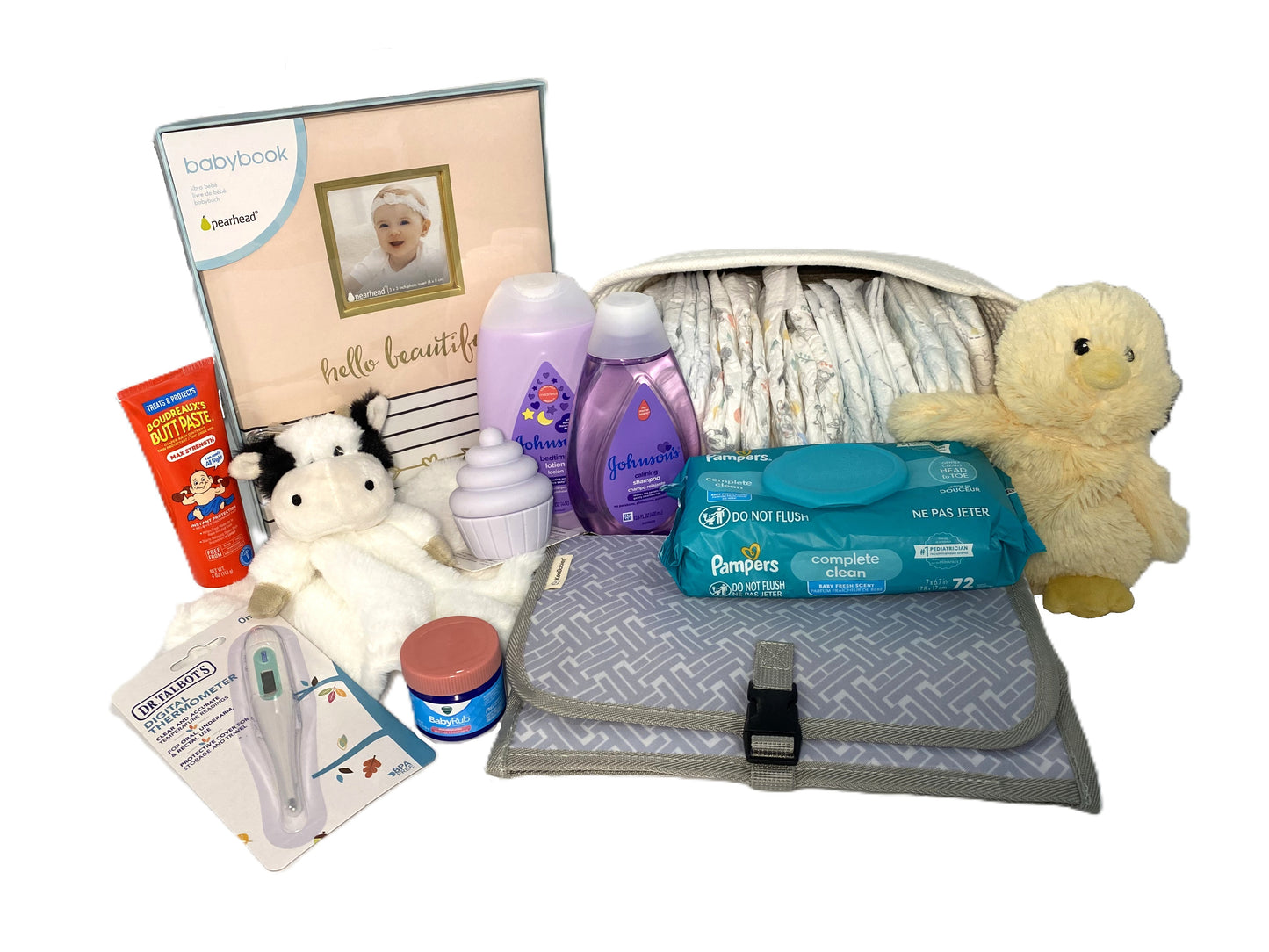 Baby gift set containing a baby book, a changing pad, diapers, Pampers wipes, Johnson's baby lotion, a thermometer, a small jar, a plush cow, and a yellow plush toy on a white background.