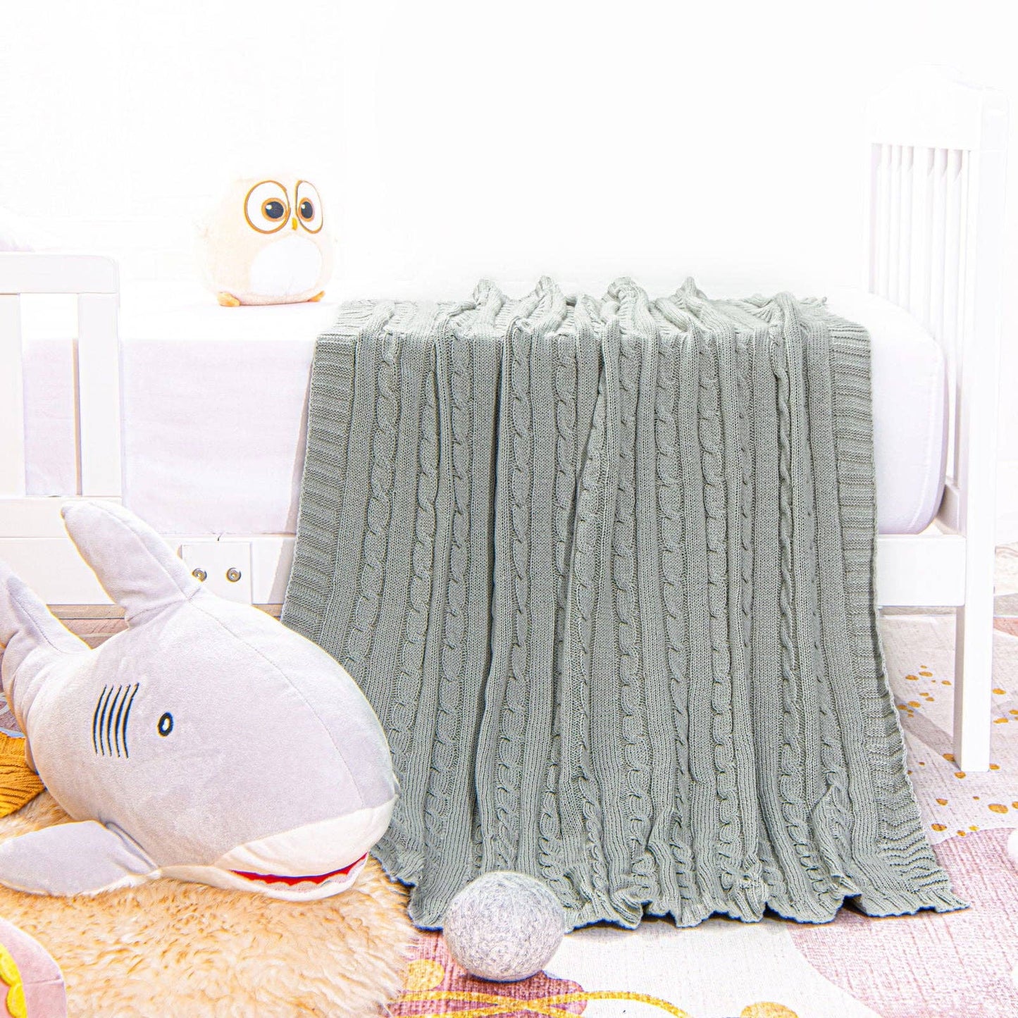 Cotton Cable Knitted Toddler Blanket: Baby Blue / 30 x 40 inches