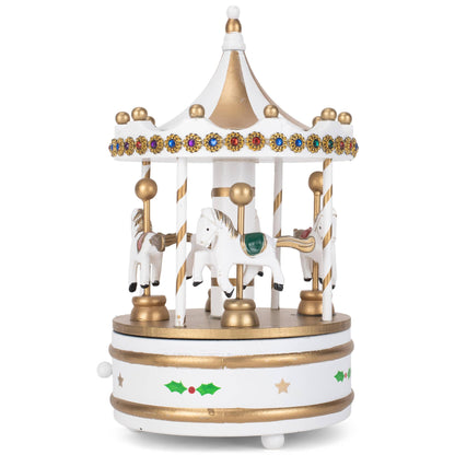 Rotating Carousel White 9-in Wood Musical Christmas Figurine