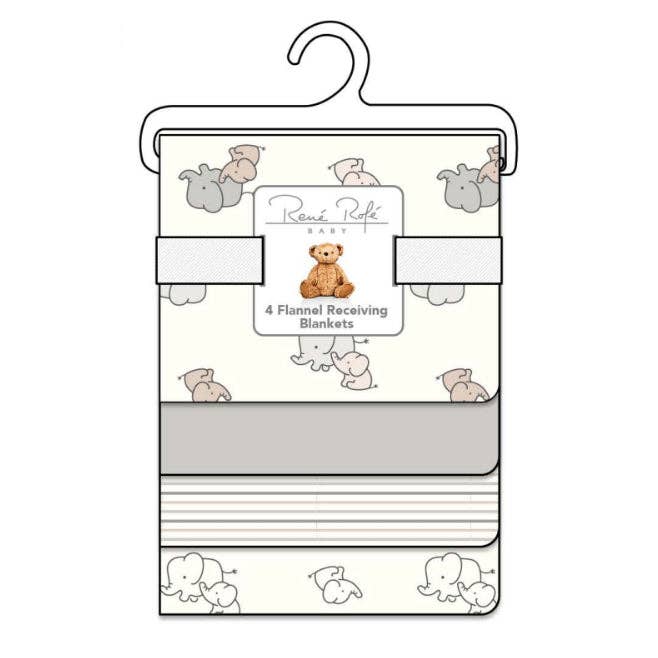 100% Cotton Rene Rofe 4-Pack Flannel Receiving Baby Blankets
