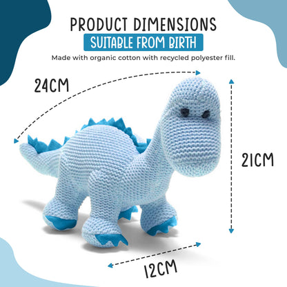 Knitted Organic Cotton Blue Diplodocus Dinosaur Baby Rattle