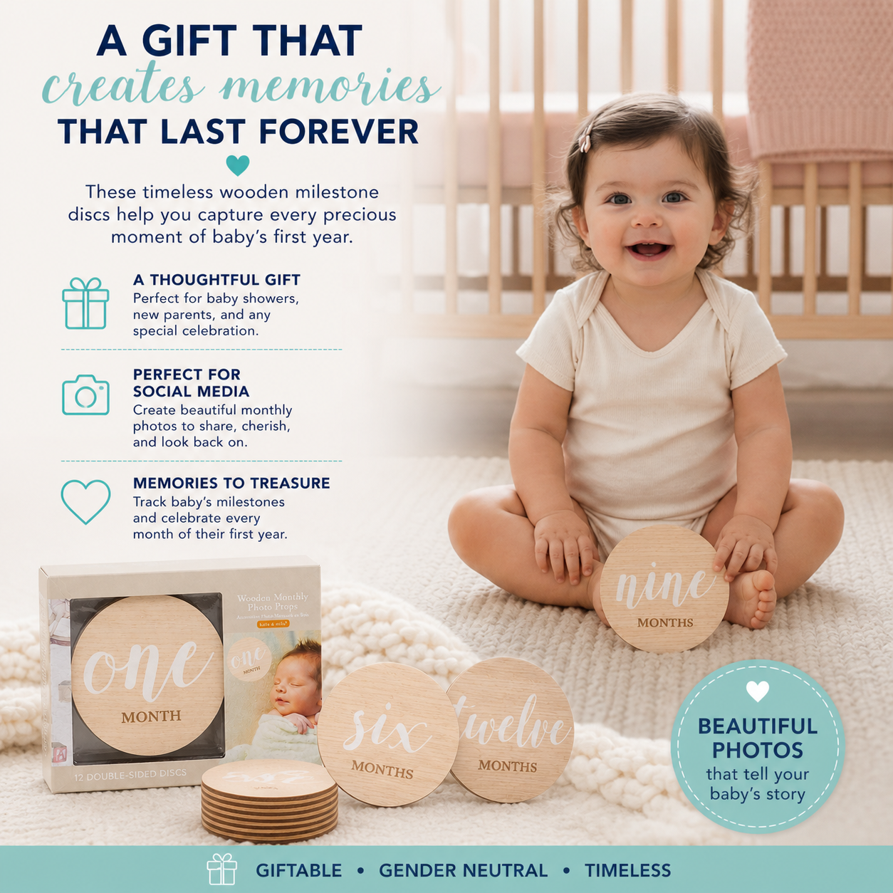 White Text Wooden Monthly Milestone Photo Props Discs