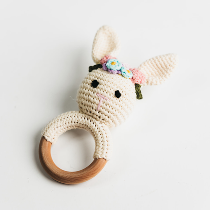 Cream Bunny Rattle with Floral Crown Handmade