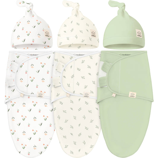 3-Pack Soothe Baby Swaddles 0-3 Months with Knot Hat: Fleur