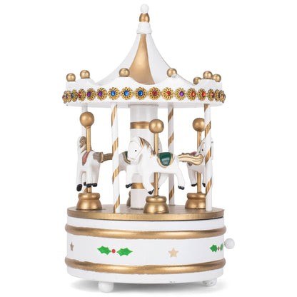Rotating Carousel White 9-in Wood Musical Christmas Figurine