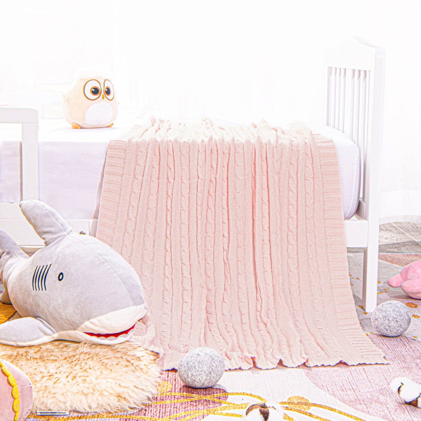 Cotton Cable Knitted Toddler Blanket: Baby Blue / 30 x 40 inches