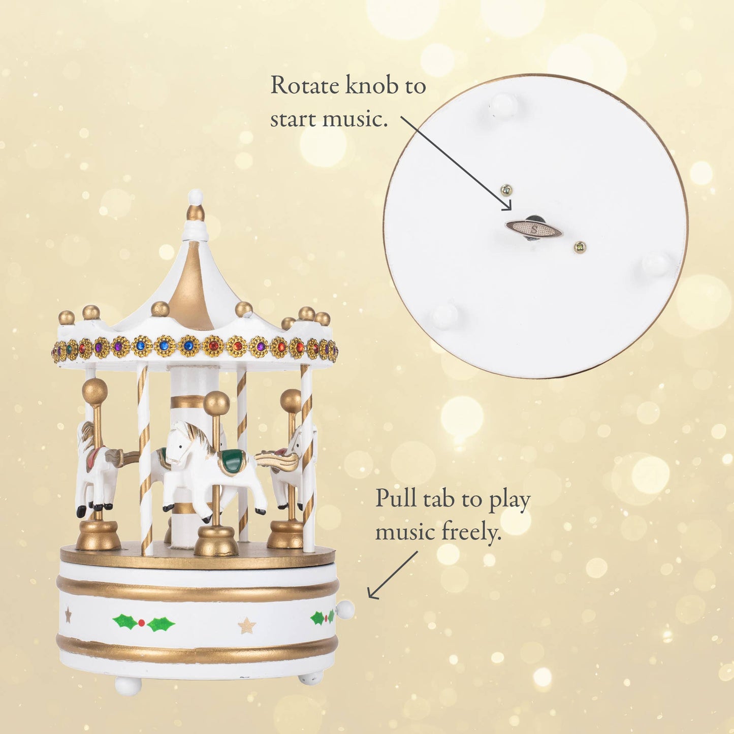 Rotating Carousel White 9-in Wood Musical Christmas Figurine